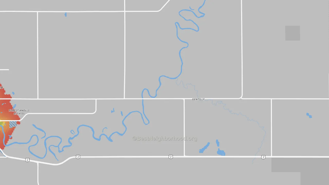 Walk Grade map of Gentilly, MN, walkable areas in green and car-dependent areas in red