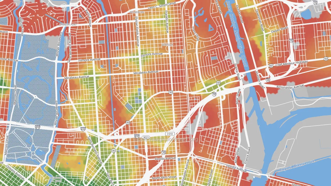 Walk Grade map of Gentilly Terrace, New Orleans, LA, walkable areas in green and car-dependent areas in red