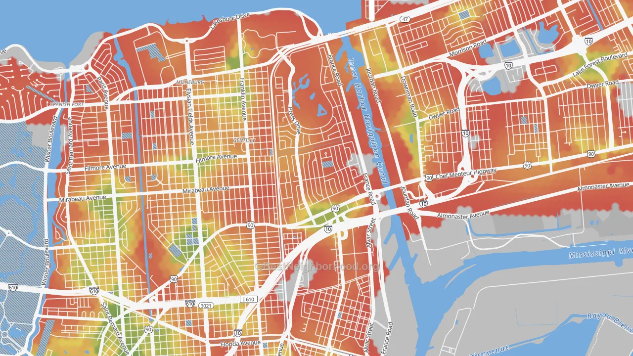 Walk Grade map of Gentilly Woods, New Orleans, LA, walkable areas in green and car-dependent areas in red