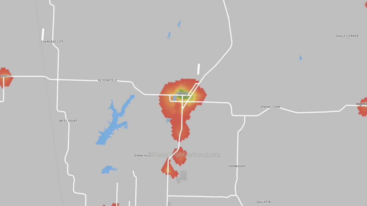 Walk Grade map of Gentry, AR, walkable areas in green and car-dependent areas in red