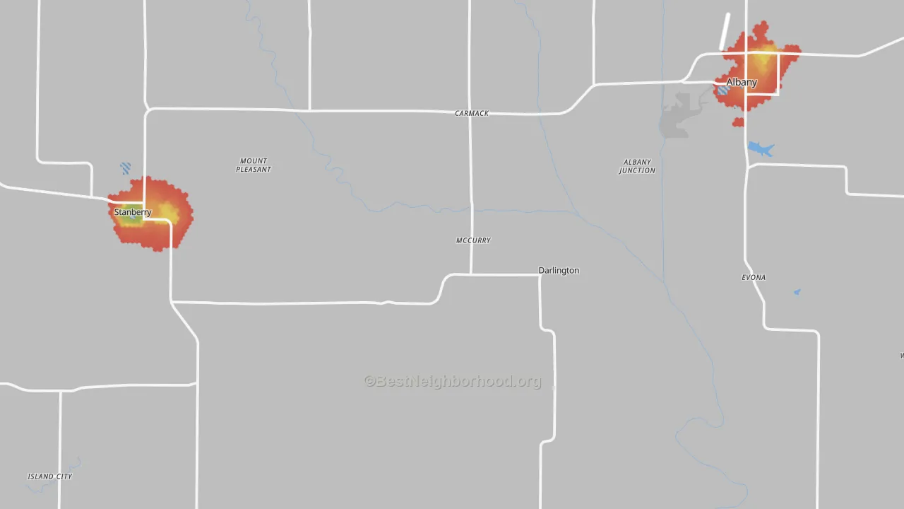 Walk Grade map of Gentry County, MO, walkable areas in green and car-dependent areas in red