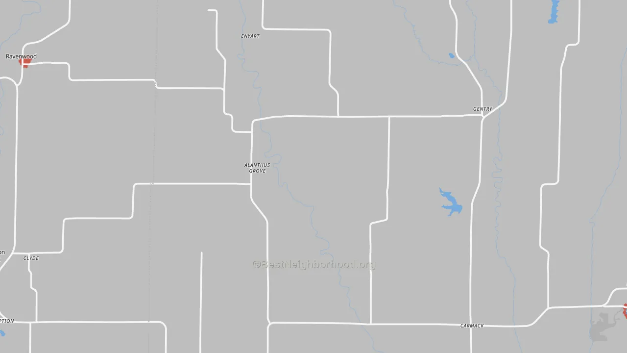 Walk Grade map of Gentry, MO, walkable areas in green and car-dependent areas in red