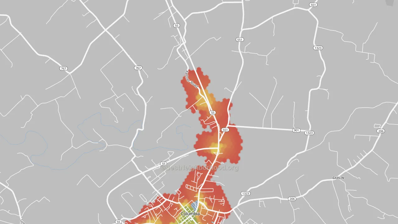 Walk Grade map of Gentrys Mill, KY, walkable areas in green and car-dependent areas in red
