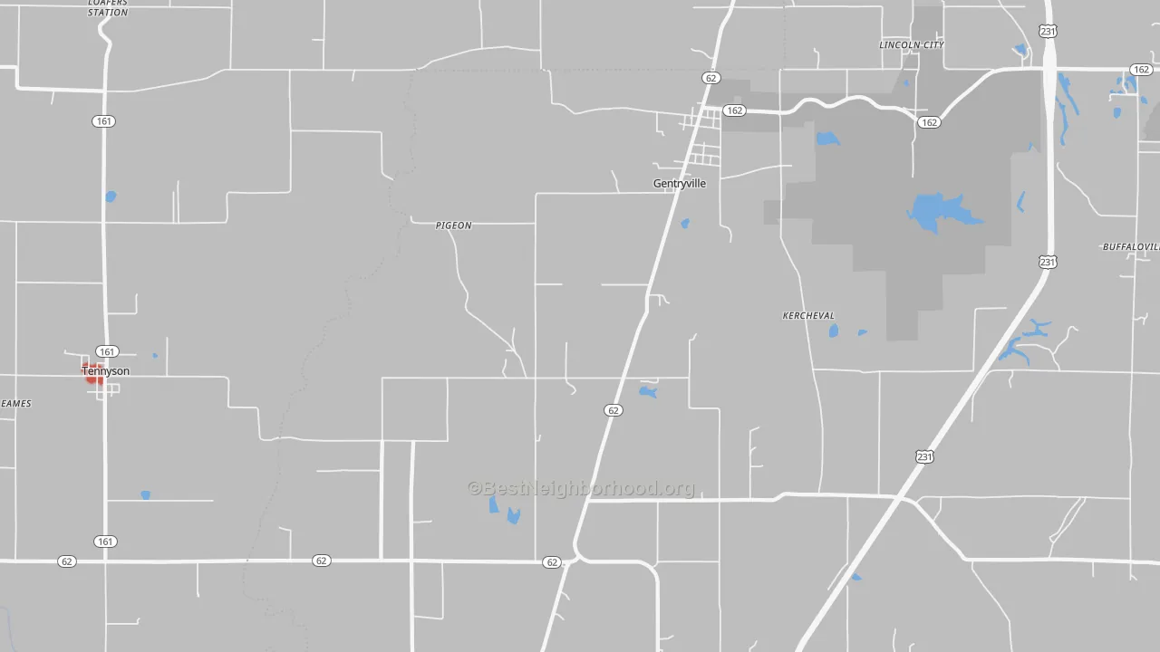 Walk Grade map of Gentryville, IN, walkable areas in green and car-dependent areas in red