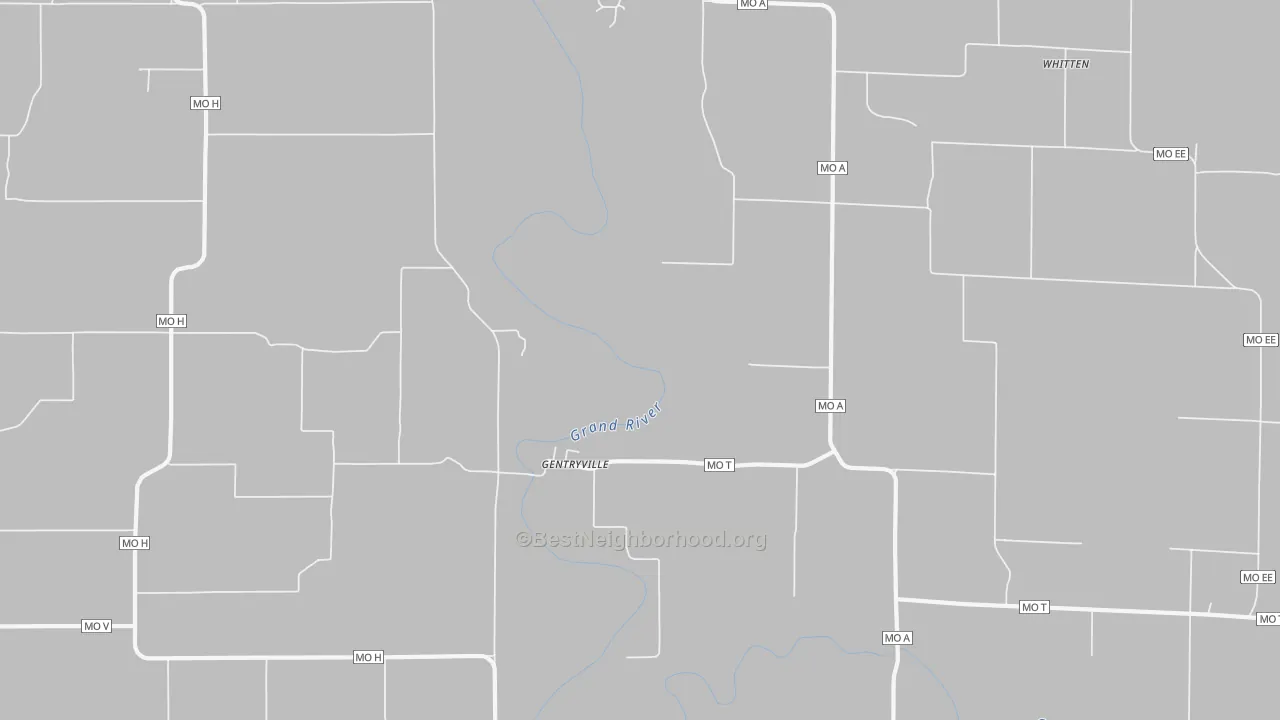 Walk Grade map of Gentryville, MO, walkable areas in green and car-dependent areas in red
