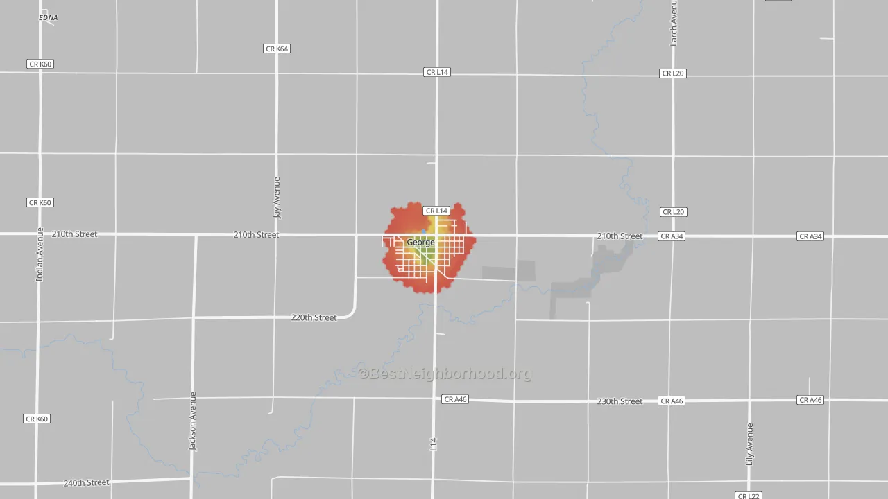 Walk Grade map of George, IA, walkable areas in green and car-dependent areas in red