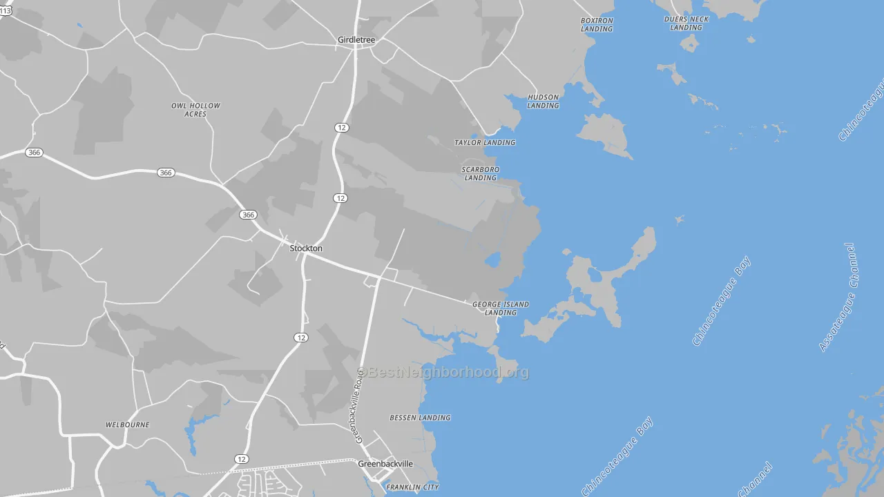 Walk Grade map of George Island Landing, MD, walkable areas in green and car-dependent areas in red