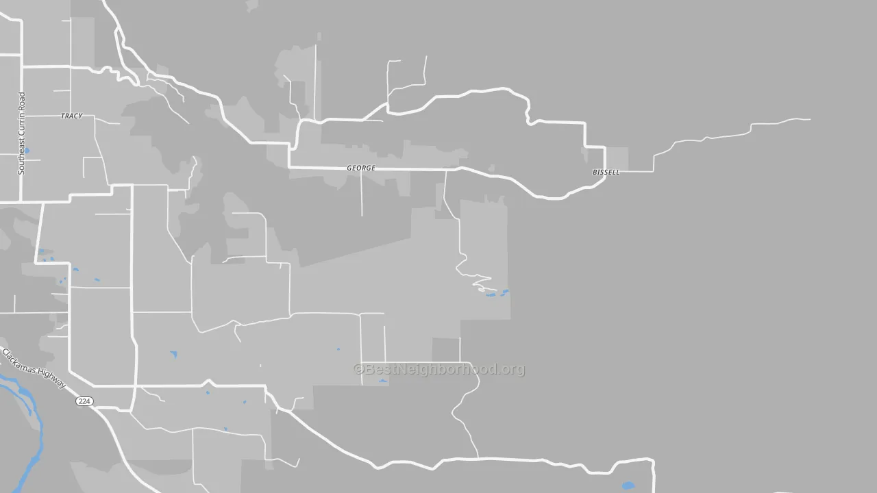 Walk Grade map of George, OR, walkable areas in green and car-dependent areas in red