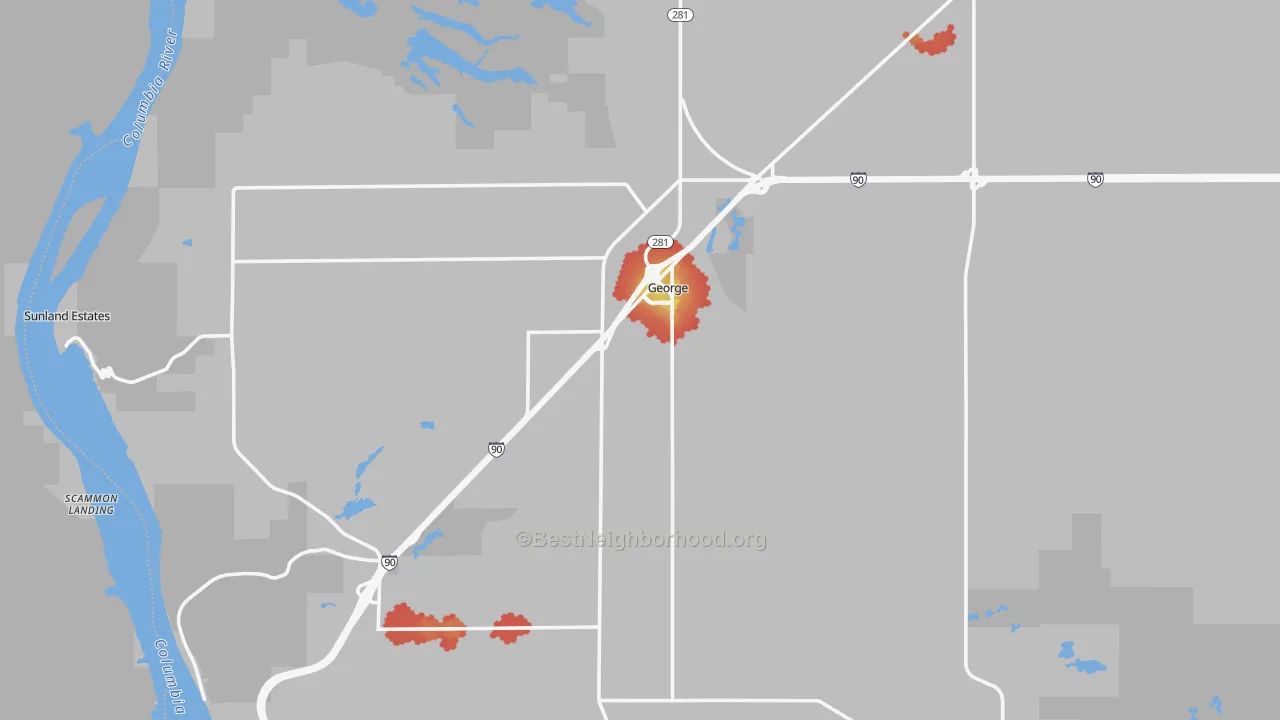 Walk Grade map of George, WA, walkable areas in green and car-dependent areas in red