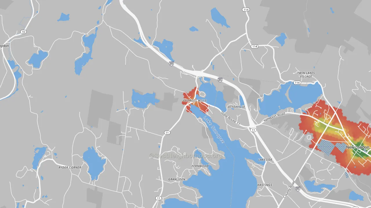 Walk Grade map of Georges Mills, NH, walkable areas in green and car-dependent areas in red