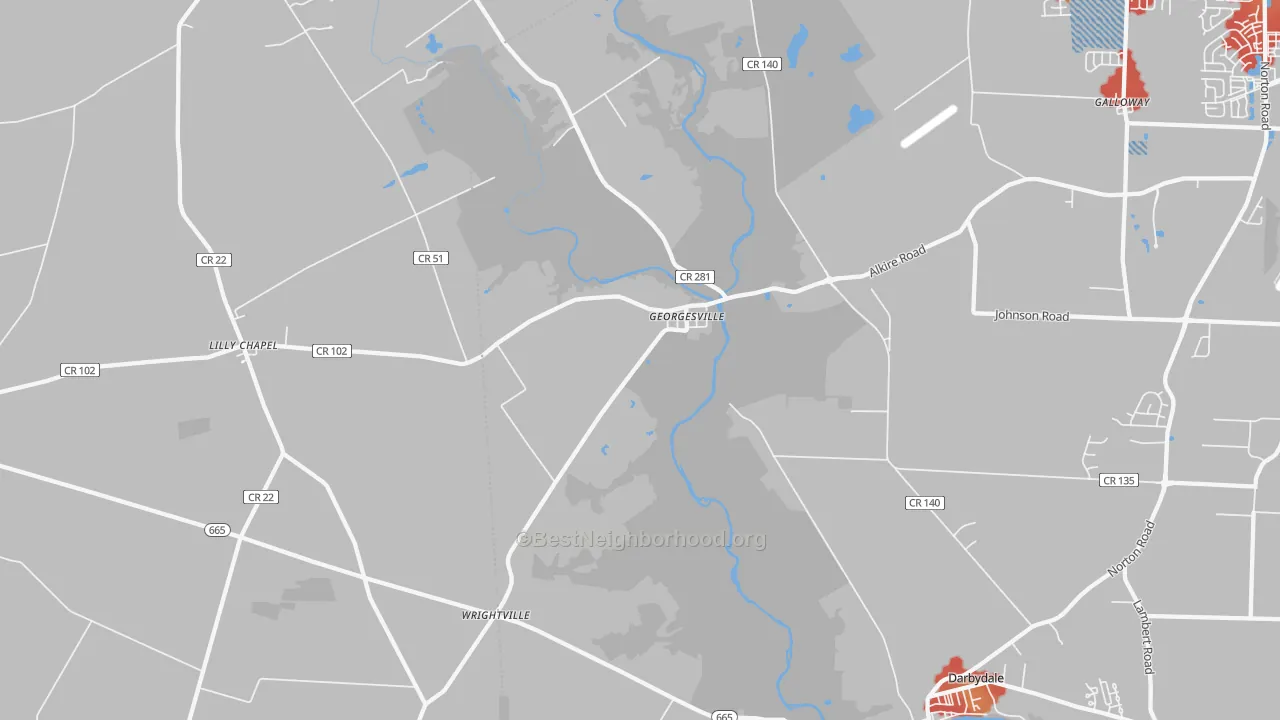 Walk Grade map of Georgesville, OH, walkable areas in green and car-dependent areas in red
