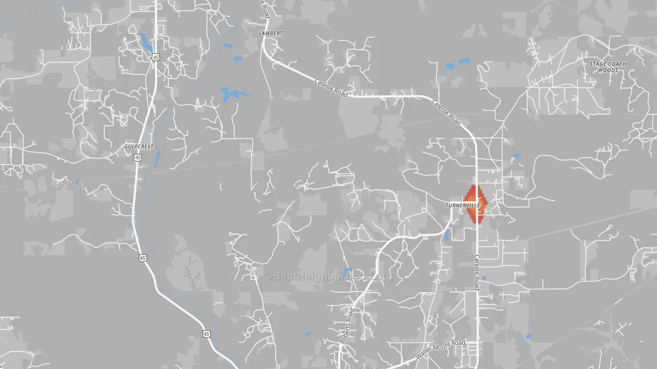 Walk Grade map of Georgetown, AL, walkable areas in green and car-dependent areas in red