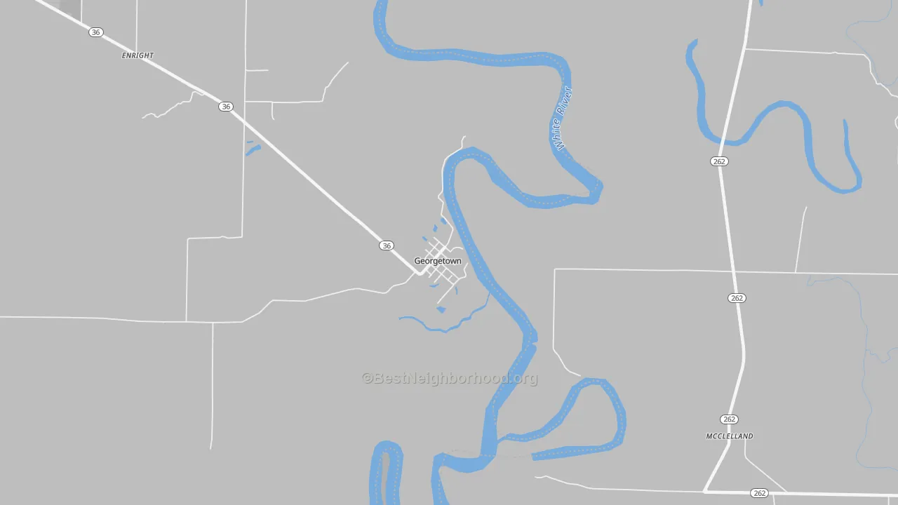 Walk Grade map of Georgetown, AR, walkable areas in green and car-dependent areas in red