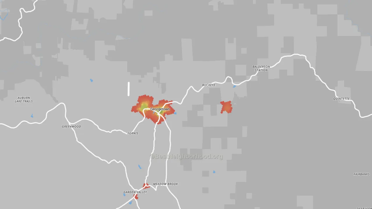 Walk Grade map of Georgetown, CA, walkable areas in green and car-dependent areas in red