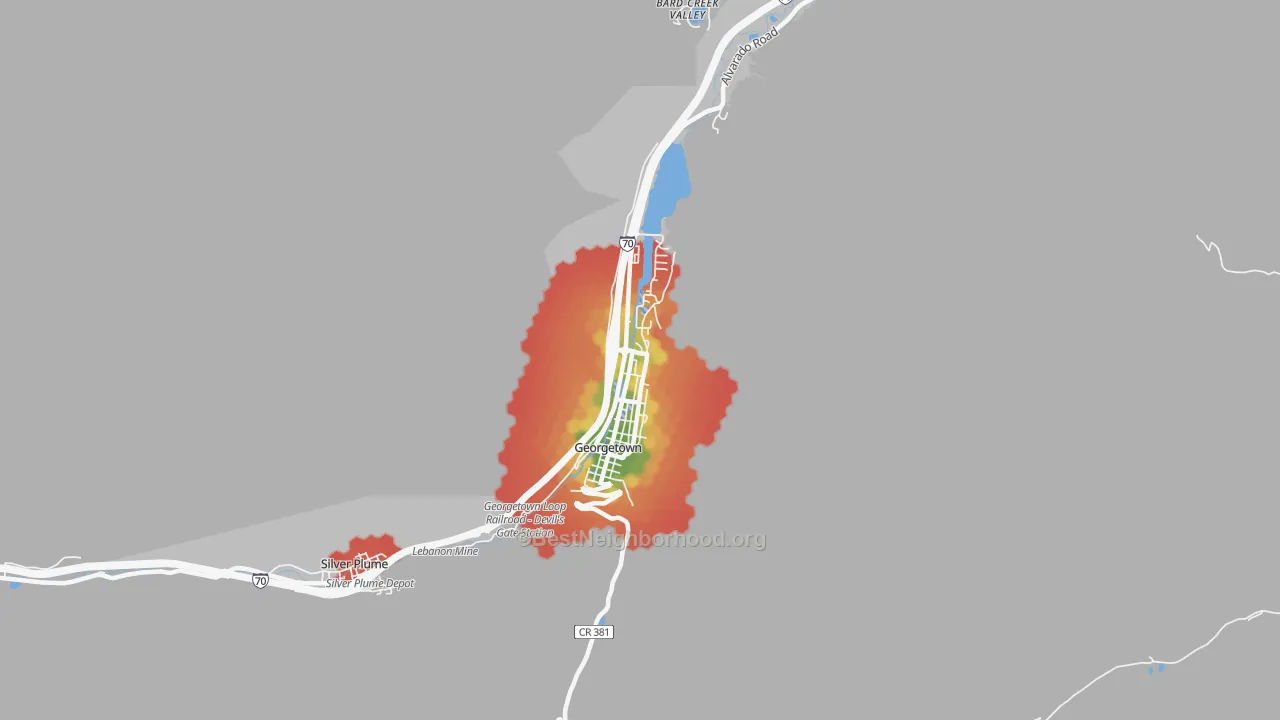 Walk Grade map of Georgetown, CO, walkable areas in green and car-dependent areas in red