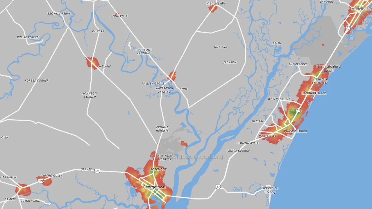Walk Grade map of Georgetown County, SC, walkable areas in green and car-dependent areas in red