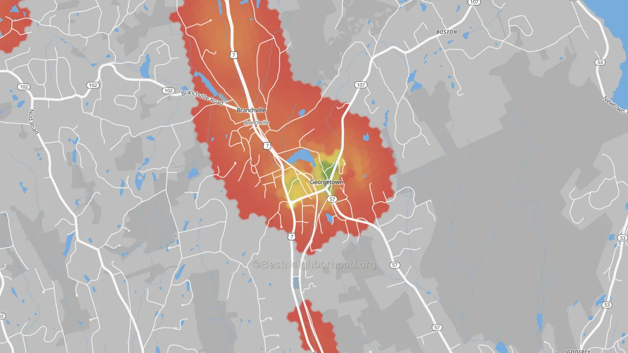 Walk Grade map of Georgetown, CT, walkable areas in green and car-dependent areas in red