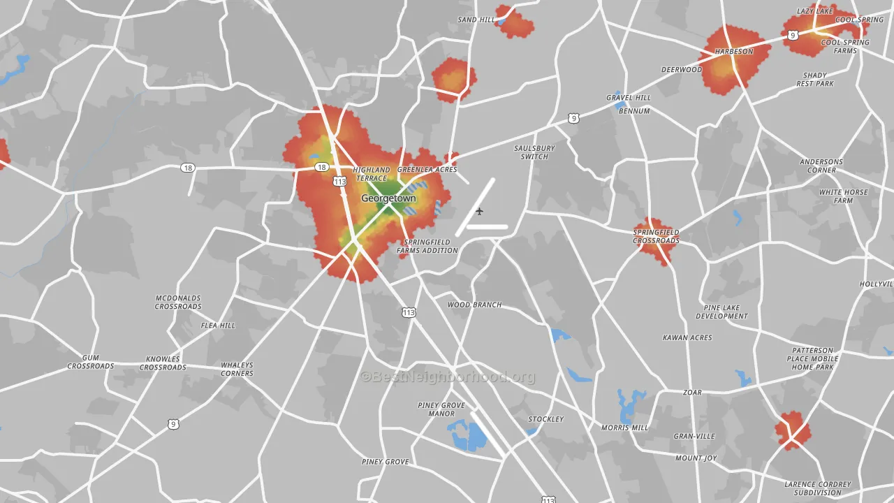 Walk Grade map of Georgetown, DE, walkable areas in green and car-dependent areas in red