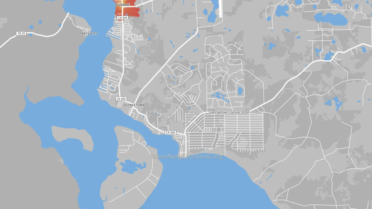 Walk Grade map of Georgetown, FL, walkable areas in green and car-dependent areas in red