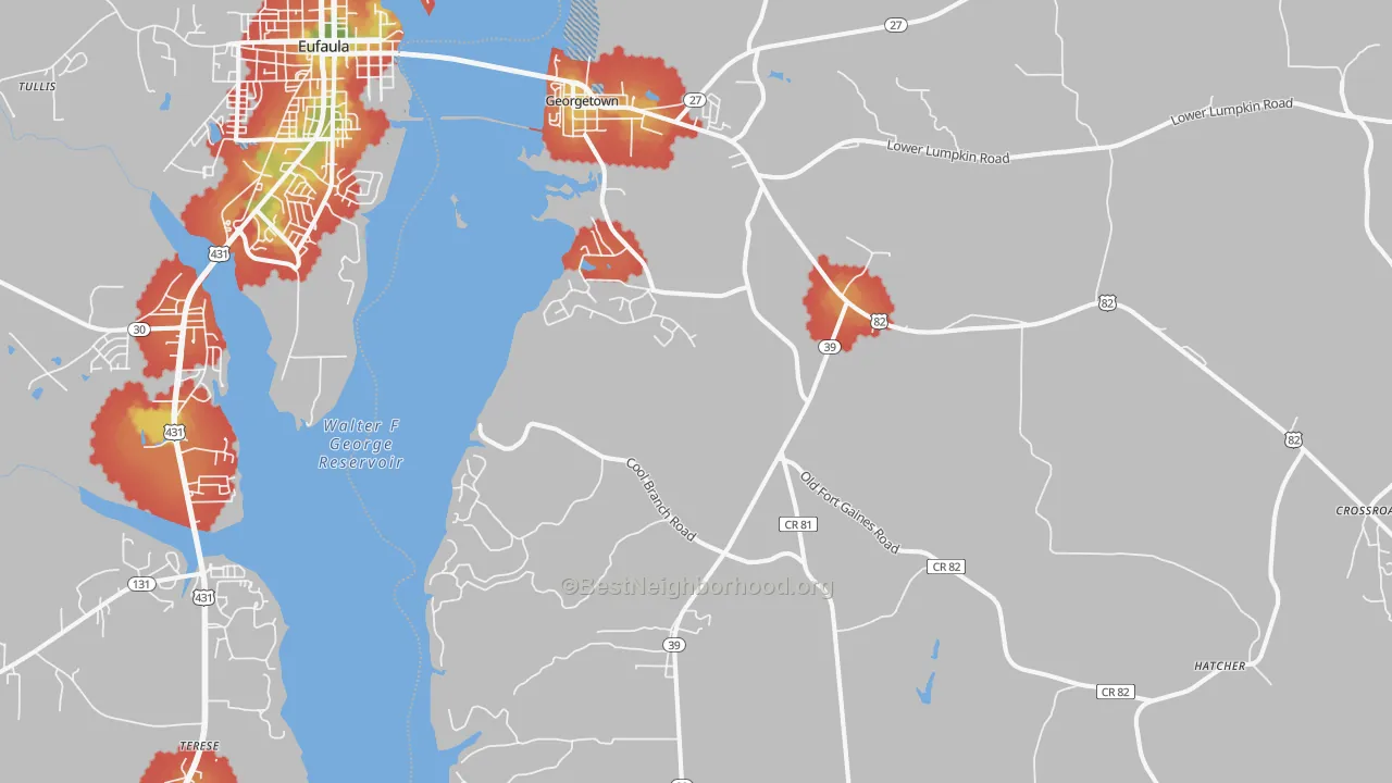 Walk Grade map of Georgetown, GA, walkable areas in green and car-dependent areas in red