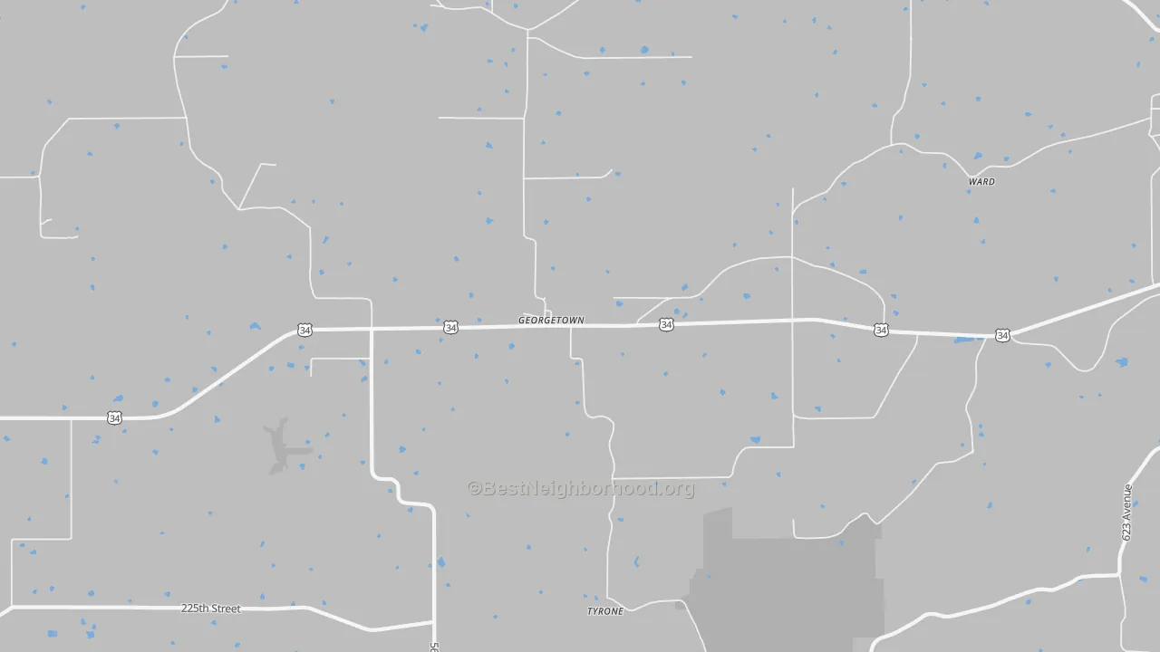 Walk Grade map of Georgetown, IA, walkable areas in green and car-dependent areas in red