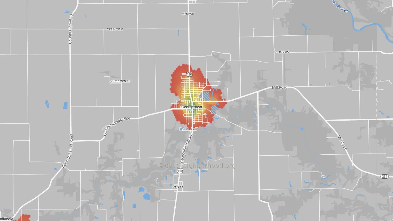 Walk Grade map of Georgetown, IL, walkable areas in green and car-dependent areas in red