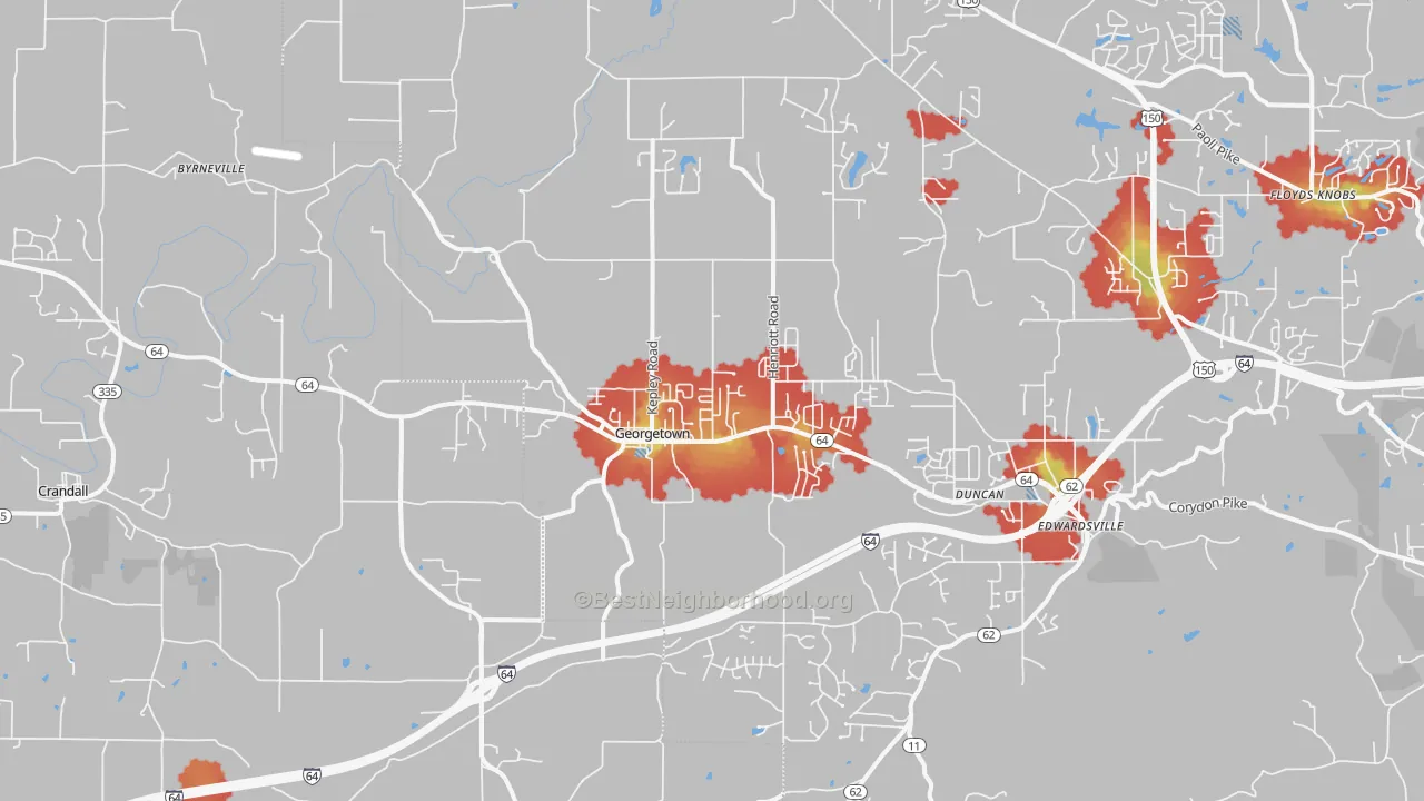 Walk Grade map of Georgetown, IN, walkable areas in green and car-dependent areas in red
