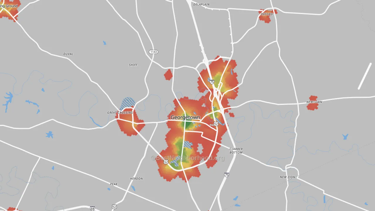 Walk Grade map of Georgetown, KY, walkable areas in green and car-dependent areas in red