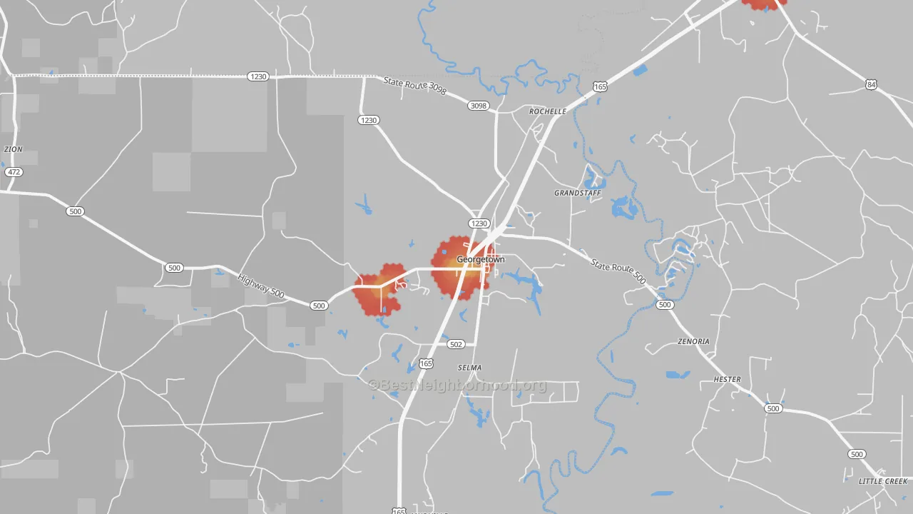 Walk Grade map of Georgetown, LA, walkable areas in green and car-dependent areas in red