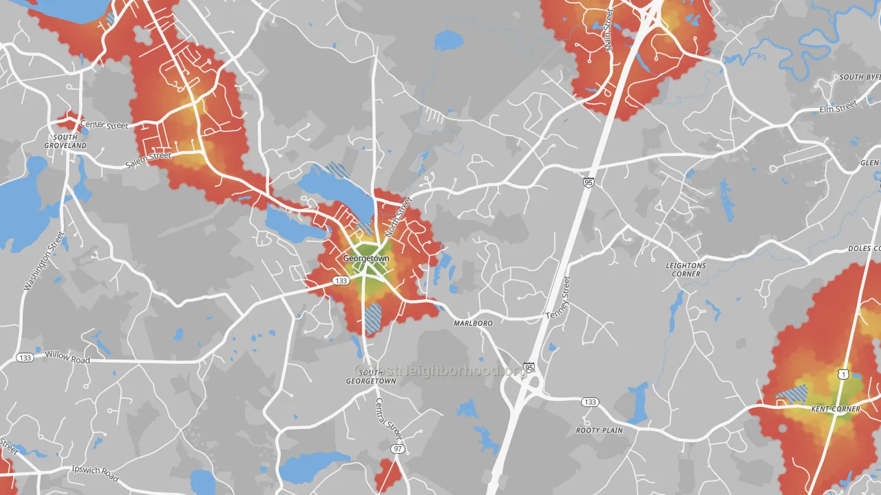 Walk Grade map of Georgetown, MA, walkable areas in green and car-dependent areas in red