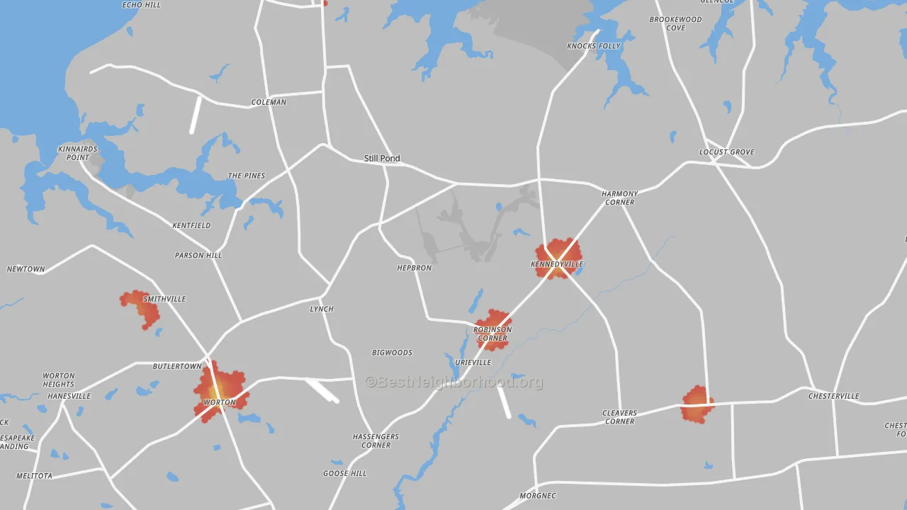 Walk Grade map of Georgetown, MD, walkable areas in green and car-dependent areas in red
