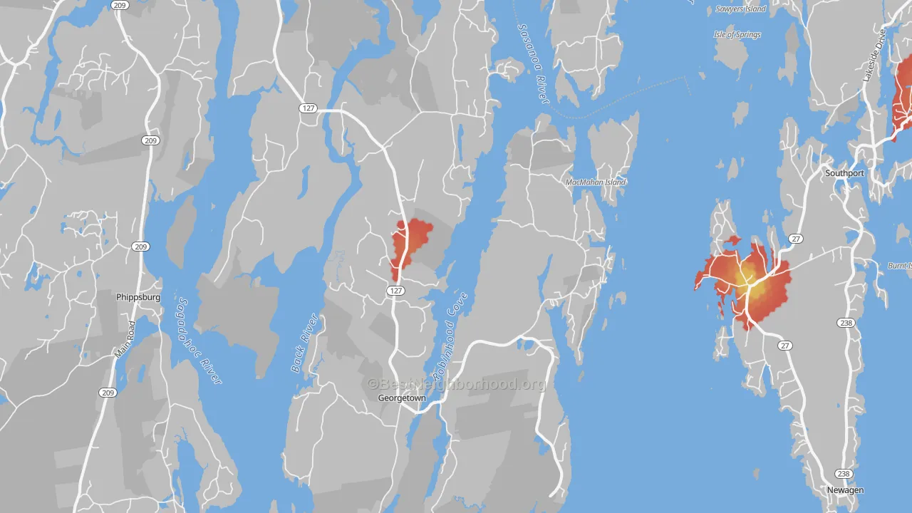 Walk Grade map of Georgetown, ME, walkable areas in green and car-dependent areas in red