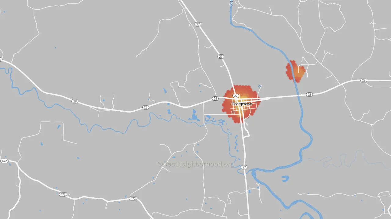 Walk Grade map of Georgetown, MS, walkable areas in green and car-dependent areas in red
