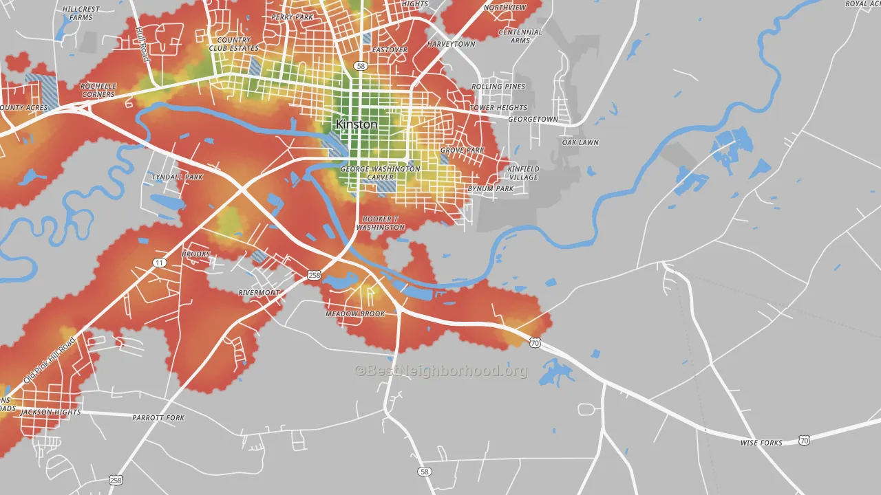 Walk Grade map of Georgetown, NC, walkable areas in green and car-dependent areas in red