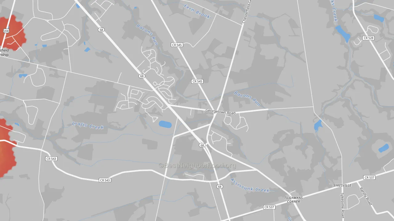 Walk Grade map of Georgetown, NJ, walkable areas in green and car-dependent areas in red