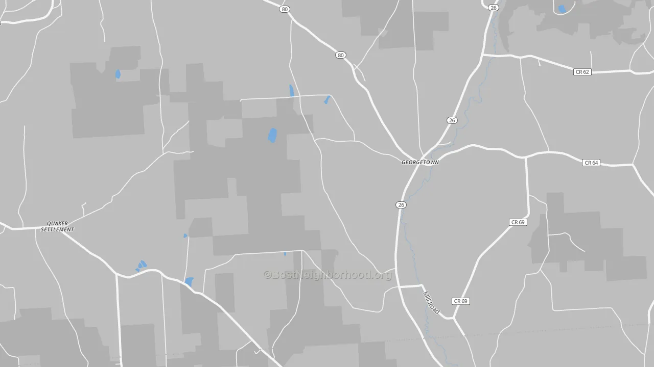 Walk Grade map of Georgetown, NY, walkable areas in green and car-dependent areas in red