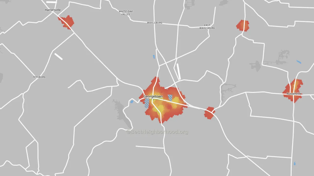 Walk Grade map of Georgetown, OH, walkable areas in green and car-dependent areas in red