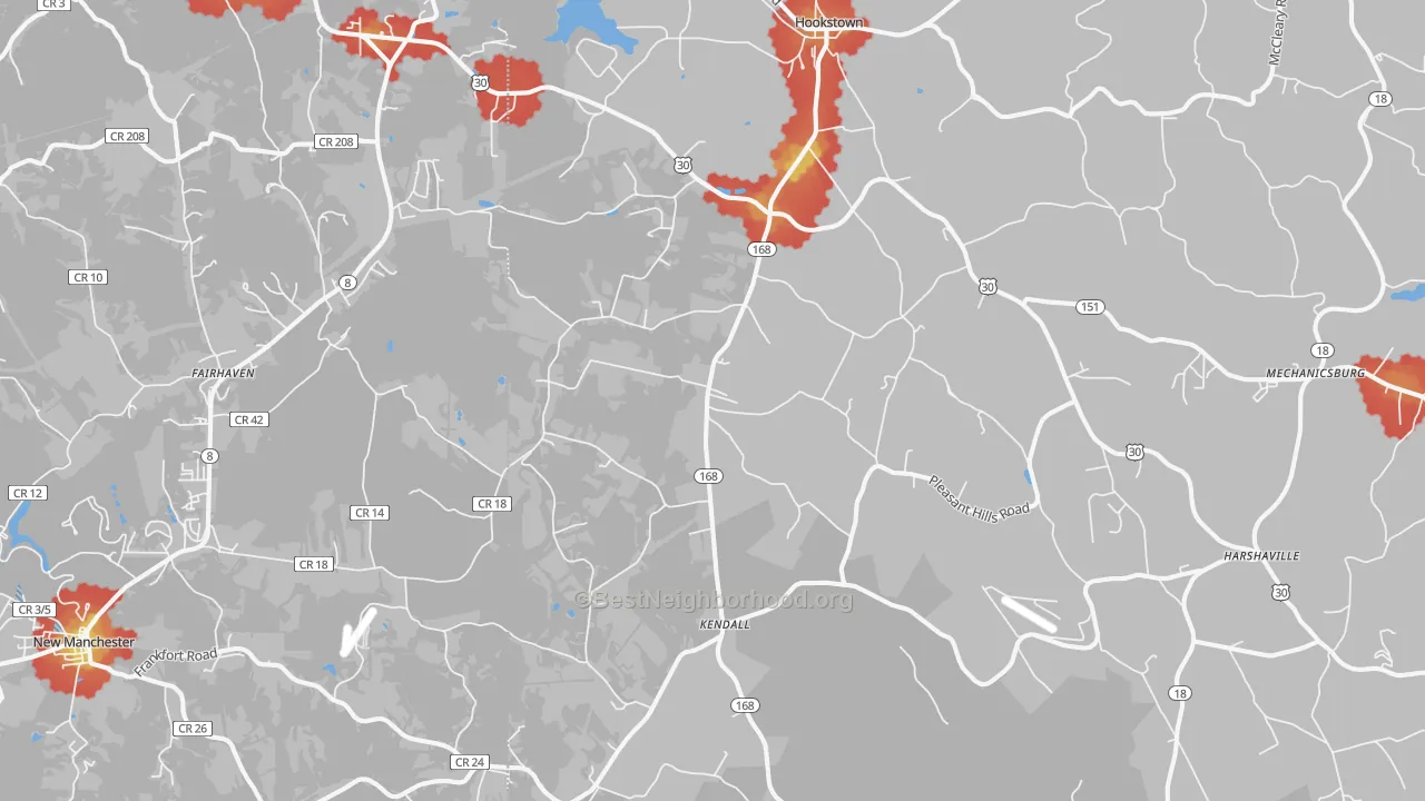 Walk Grade map of Georgetown, PA, walkable areas in green and car-dependent areas in red