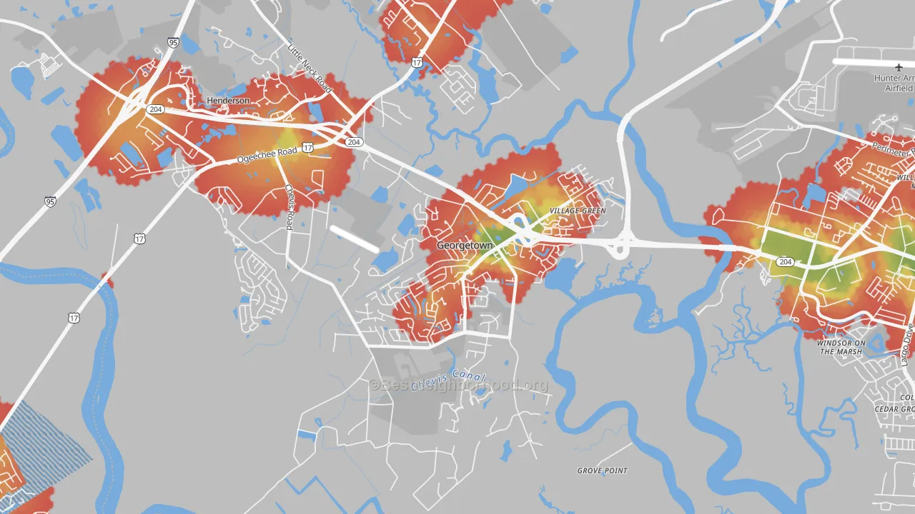 Walk Grade map of Georgetown, Savannah, GA, walkable areas in green and car-dependent areas in red