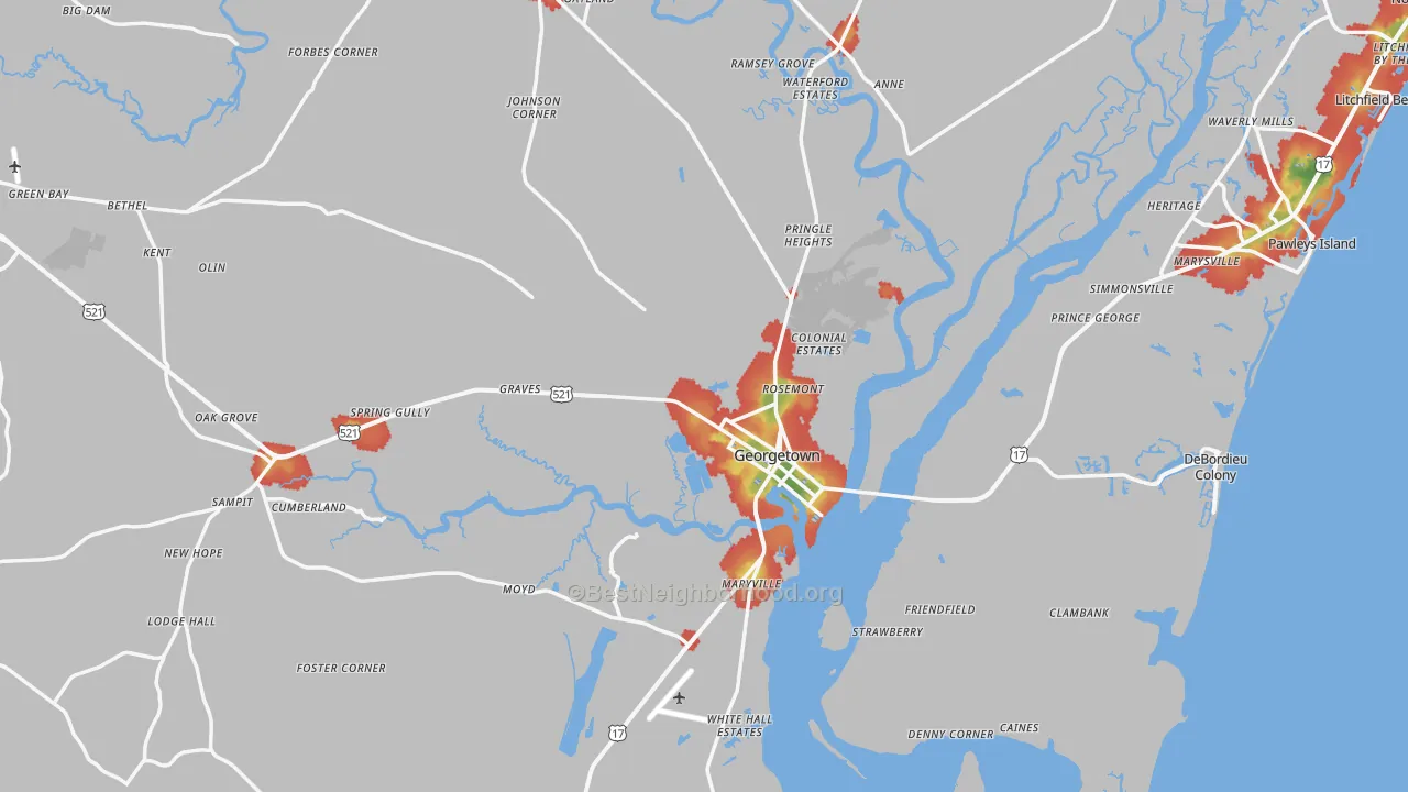 Walk Grade map of Georgetown, SC, walkable areas in green and car-dependent areas in red