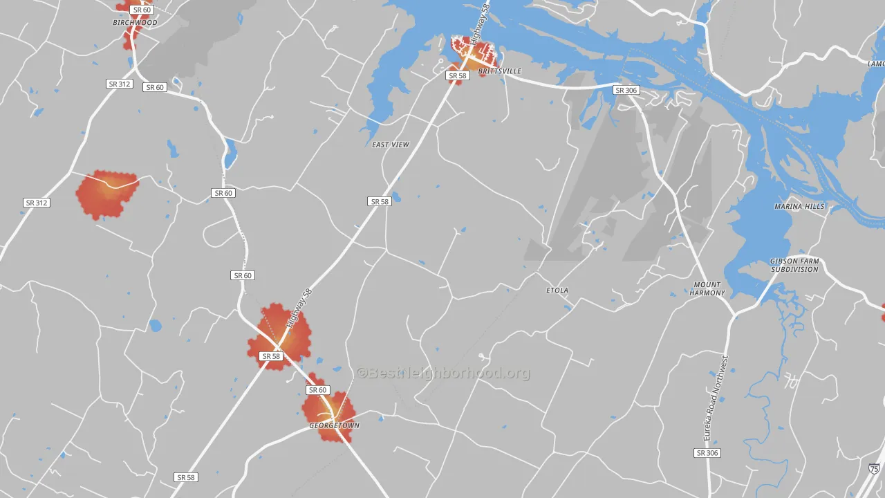 Walk Grade map of Georgetown, TN, walkable areas in green and car-dependent areas in red
