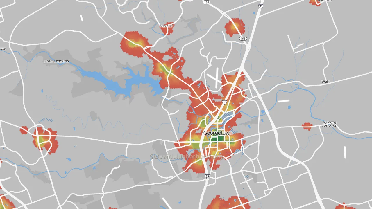 Walk Grade map of Georgetown, TX, walkable areas in green and car-dependent areas in red