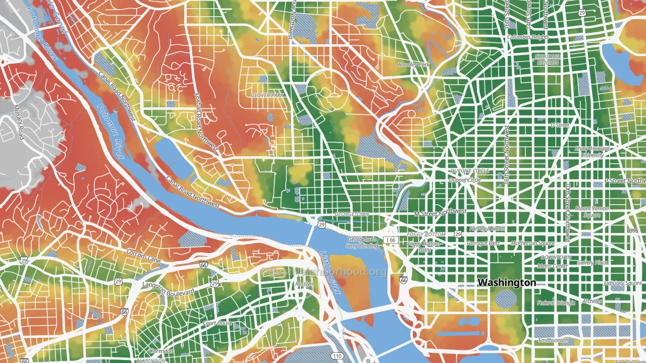Walk Grade map of Georgetown, Washington, DC, walkable areas in green and car-dependent areas in red
