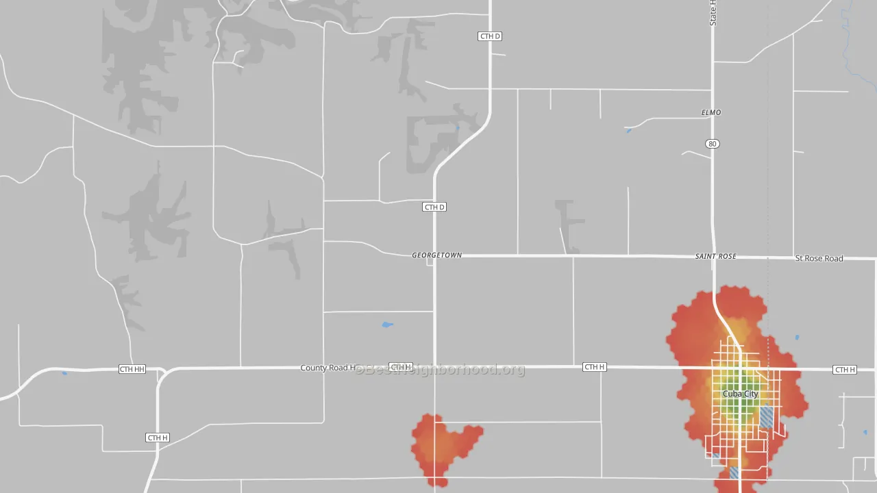 Walk Grade map of Georgetown, WI, walkable areas in green and car-dependent areas in red