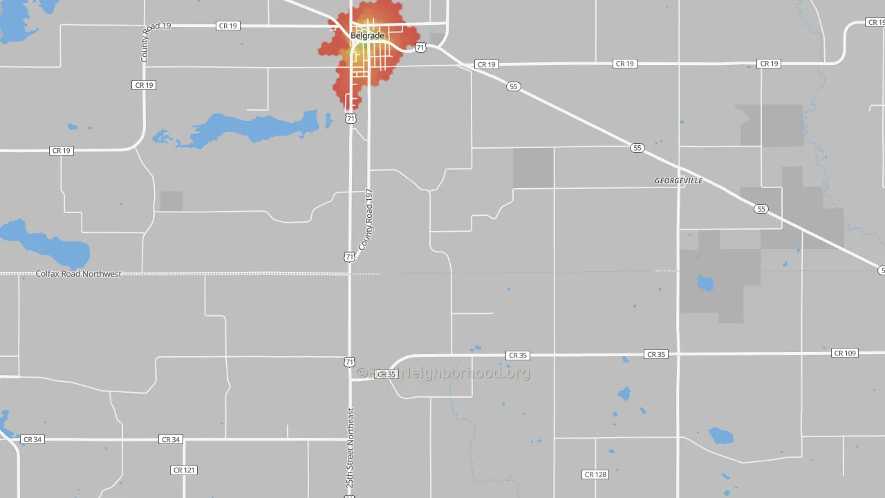 Walk Grade map of Georgeville, MN, walkable areas in green and car-dependent areas in red