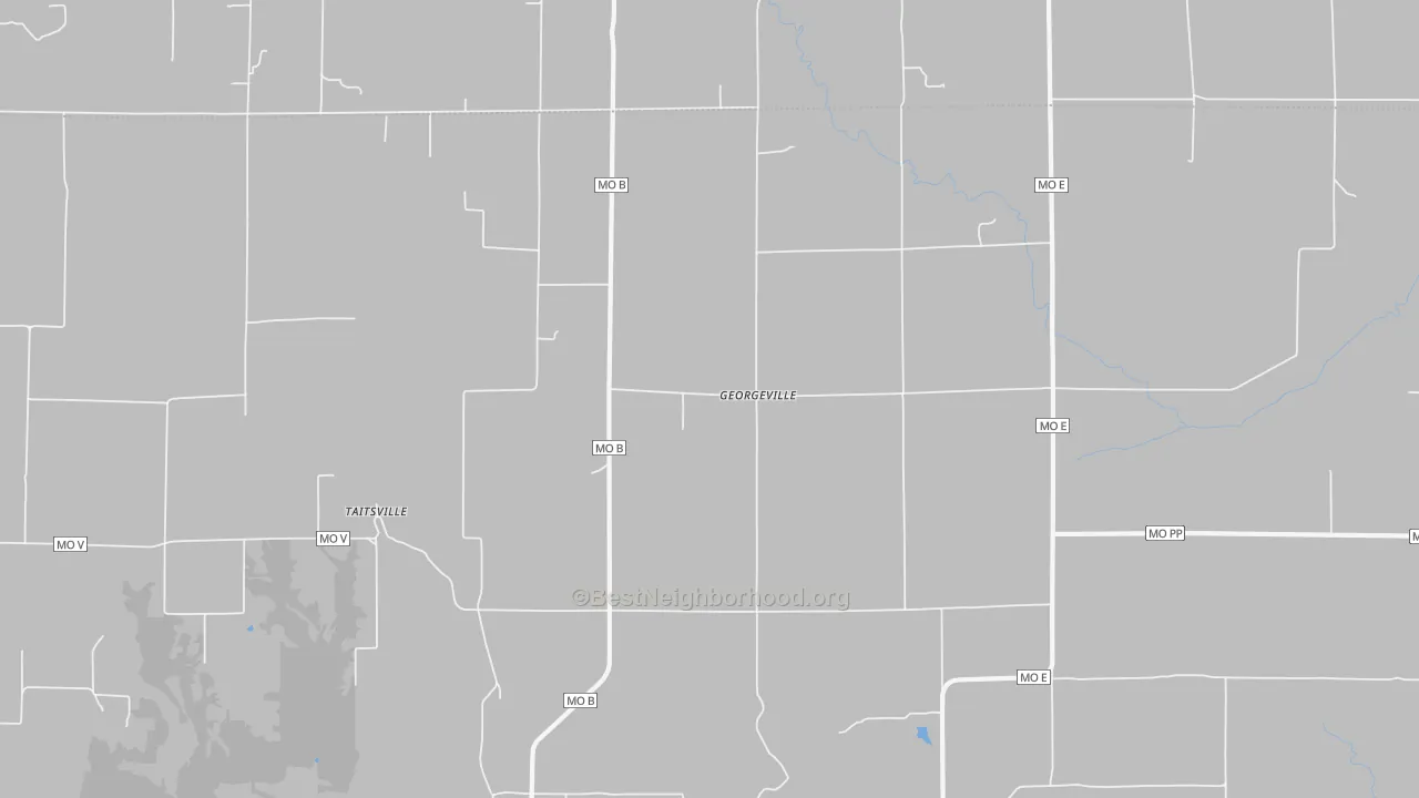 Walk Grade map of Georgeville, MO, walkable areas in green and car-dependent areas in red