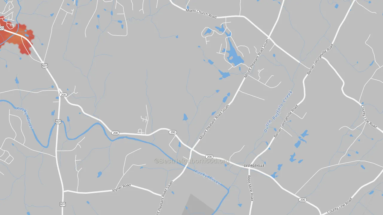 Walk Grade map of Georgeville, NC, walkable areas in green and car-dependent areas in red