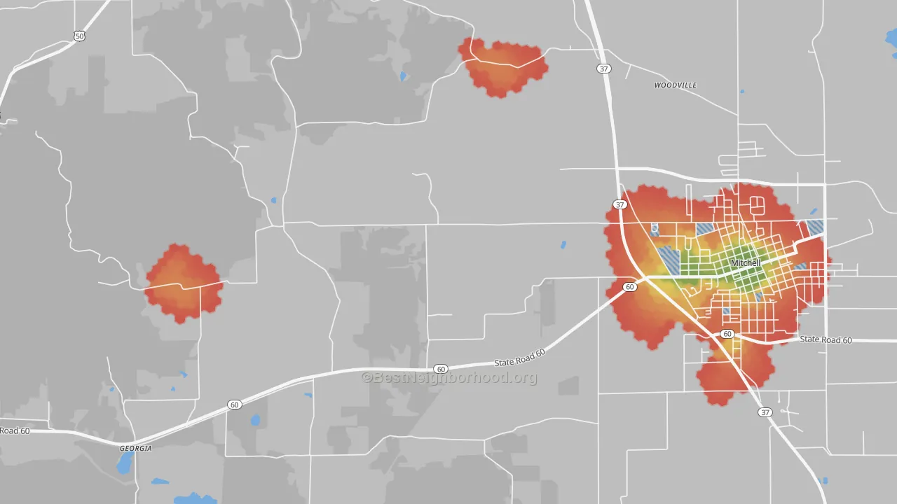 Walk Grade map of Georgia, IN, walkable areas in green and car-dependent areas in red