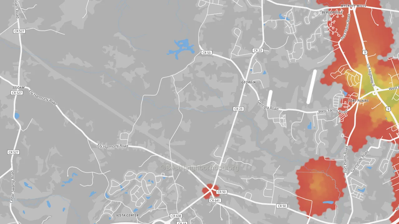 Walk Grade map of Georgia, NJ, walkable areas in green and car-dependent areas in red