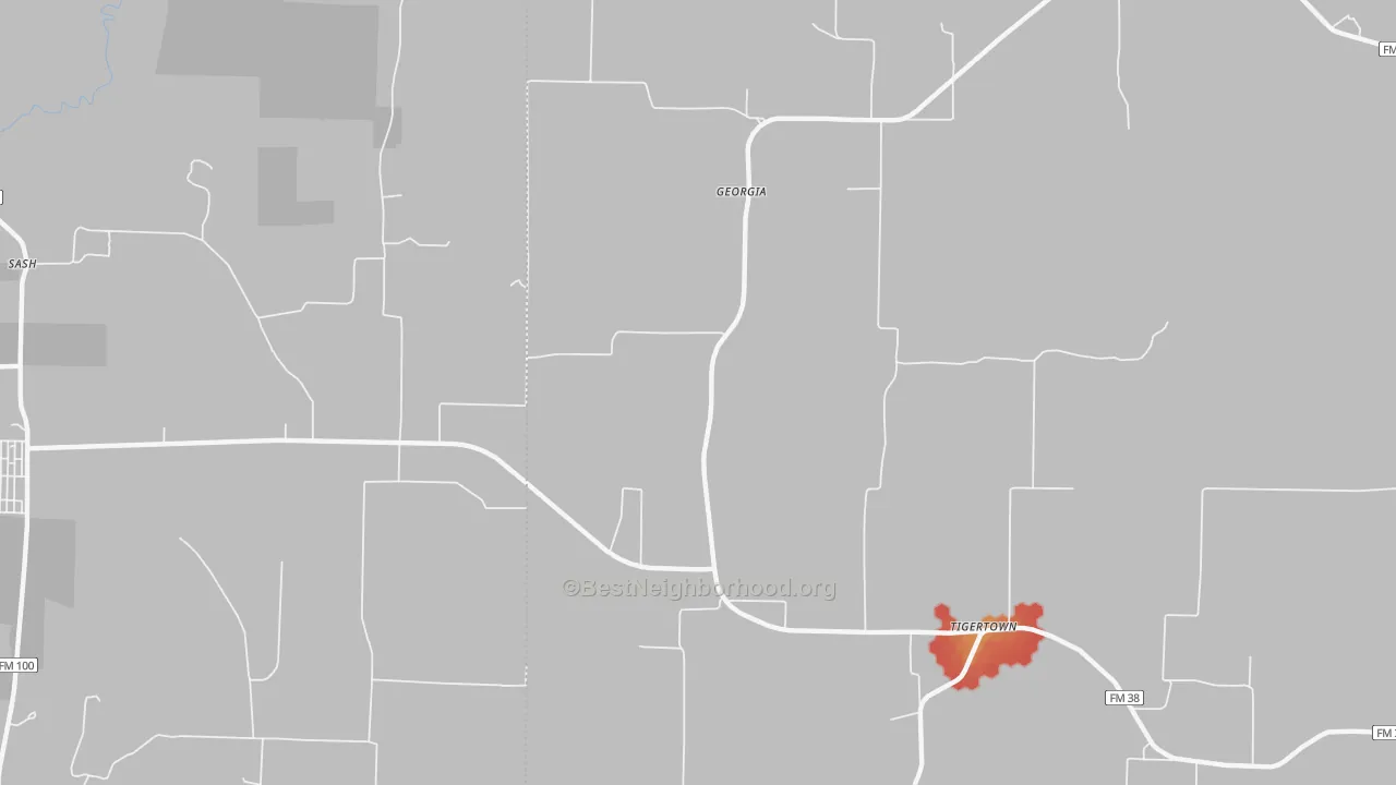 Walk Grade map of Georgia, TX, walkable areas in green and car-dependent areas in red